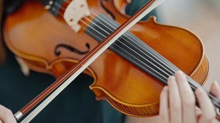 Close-Up of a Person Playing a Violin with Bow, Showcasing the Intricate Details of the Instrument and the Technique of the Musician's Hand Movement