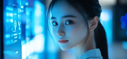 A young woman gazes thoughtfully while interacting with a digital display.
