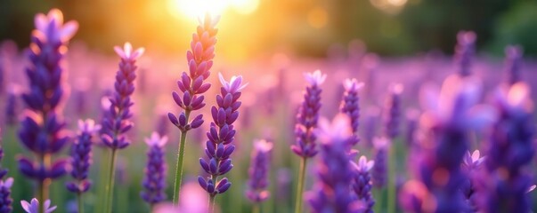 Naklejka premium Softly falls lavender petals in the warm sunlight, fields, purple, calm