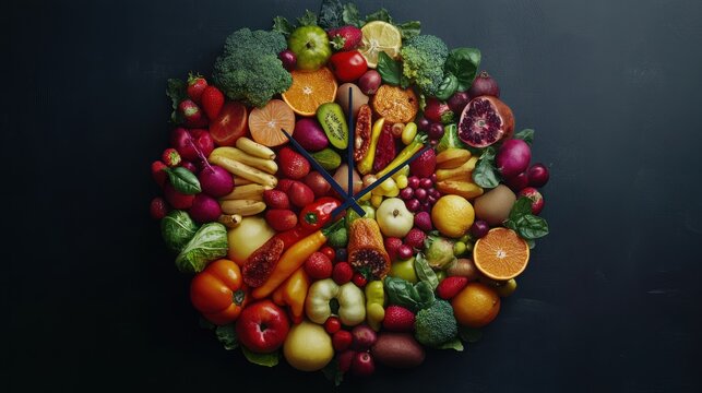 Fresh ripe fruits and vegetables in shape of clock showing time of 23 hours 55 minutes, concept of new years resolutions