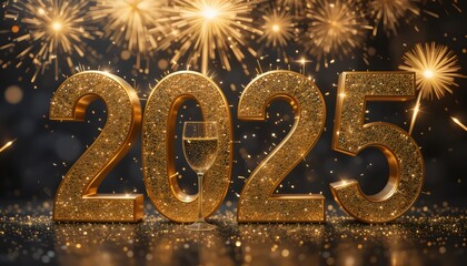 Golden 2025 with Champagne Flutes and Fireworks in a Celebratory New Year Scene: A Festive and Sparkling Design Symbolizing the Arrival of the New Year, Featuring Shimmering Gold Numbers