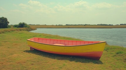 Naklejka premium Yellow red wooden boat resting on grassy shore by calm river with clear sky, perfect for nature, travel, summer vacation, adventure, outdoor, landscape, countryside, water, relaxation, exploration, s