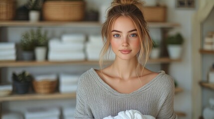 Portrait of a Young Woman Holding Clean Towels in a Bright and Airy Laundry Room