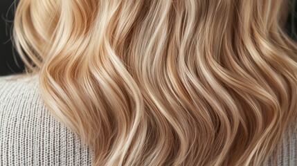 Fototapeta premium Beautiful Long Blonde Hair with Soft Waves Captured in Natural Light, Showcasing Shine and Texture Against a Dark Background for Haircare or Fashion Projects