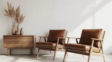 Two brown leather armchairs and wooden cabinet in a minimalist room.