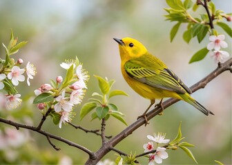 Obraz premium Yellow Songbird Perched on Flowering Branch in Springtime