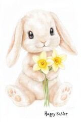 Cute bunny holding flowers celebrates Easter joyfully in a whimsical design