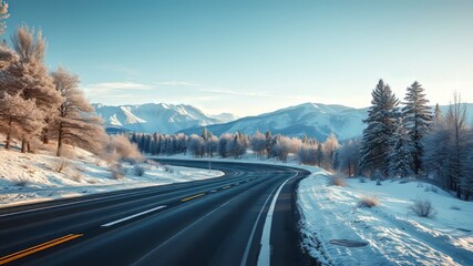 Fototapeta premium Empty Winter Highway, Vivid Landscape, AI Art, Stunning Scenery, Snowy Road, Bright Colors, Dramatic Winter, Highways, Landscape Photography
