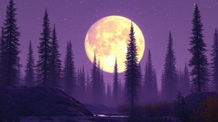 Full moon glowing yellow behind tall black pine trees in purple twilight forest landscape foggy atmosphere perfect for Halloween spooky background wallpaper