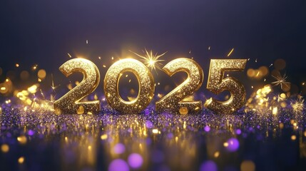 Happy New Year poster with golden letters 2025 on dark shimmering purple and dark blue background Happy Celebration Sparkles Banner Generative AI