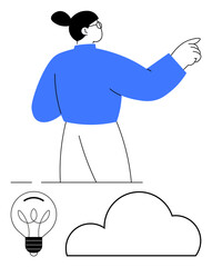 Person in blue sweater pointing forward, lightbulb as idea symbol, and cloud shape. Ideal for education, innovation, brainstorming, cloud computing, technology creative thinking teamwork. Line