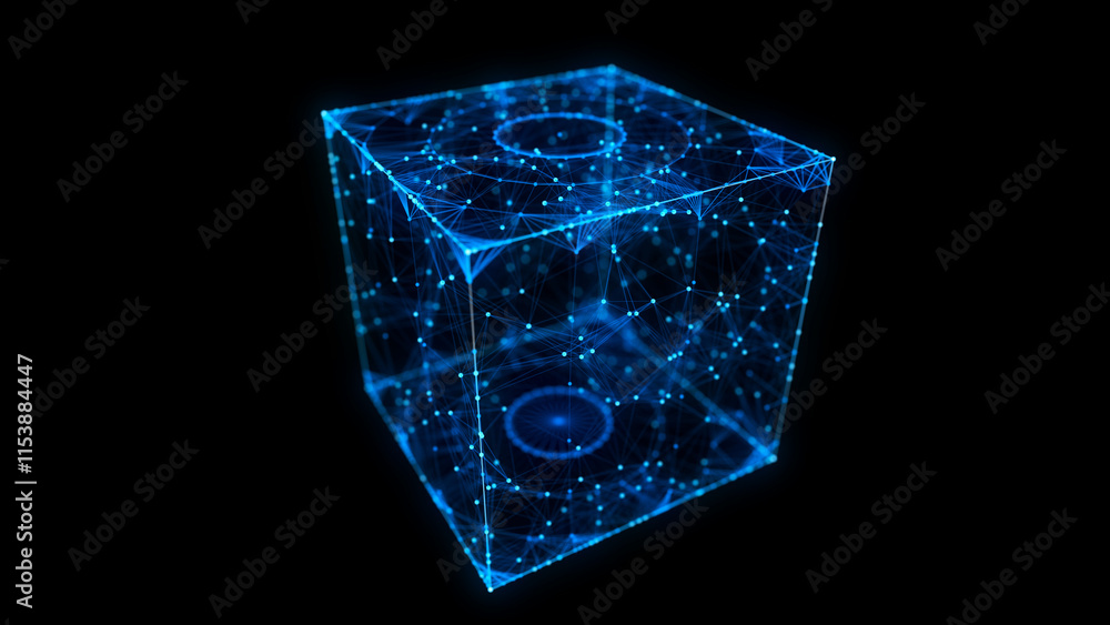 Poster abstract blue cube on black background. wireframe square structure with glowing particles and lines.