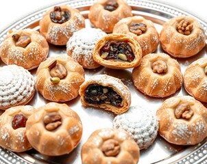 Naklejka premium A platter of assorted pastries, some filled and dusted with powdered sugar.