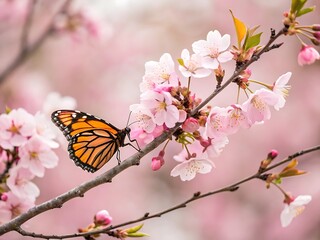 Vibrant Monarch Butterfly on Pink Cherry Blossom Branches