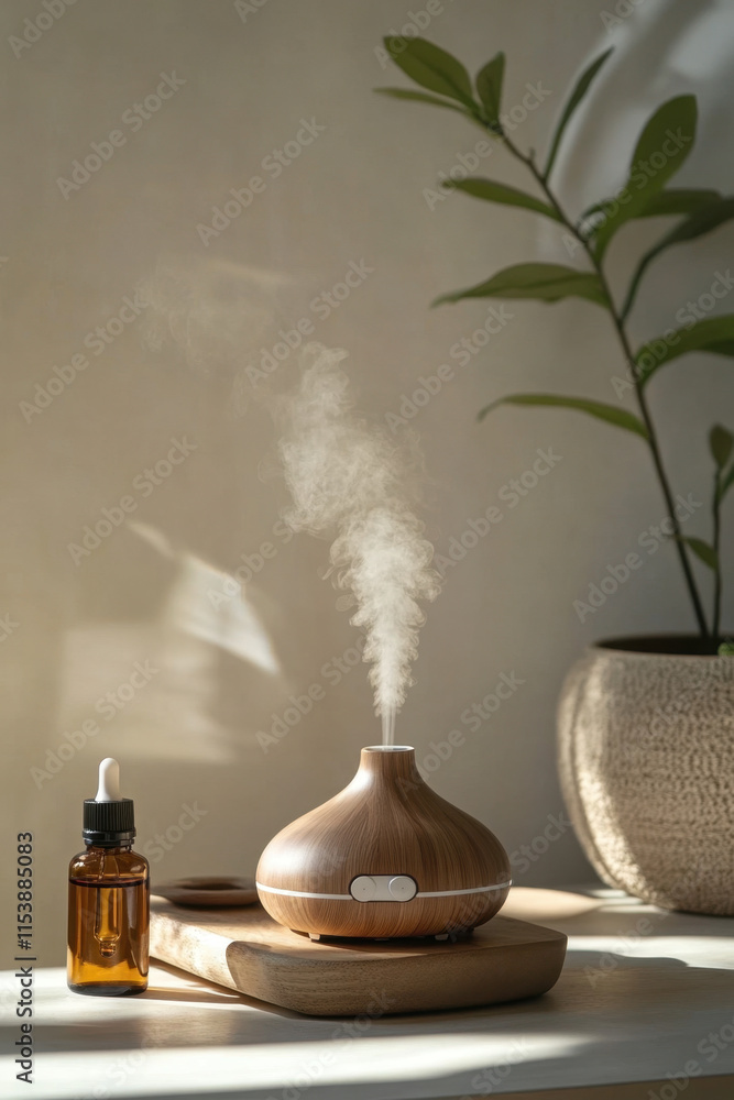 Poster a calming aromatherapy session with essential oils and a diffuser emitting soft mist, surrounded by 