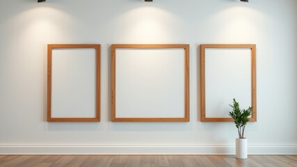 Minimalist interior design featuring three empty wooden picture frames on a white wall above hardwood flooring with a small potted plant