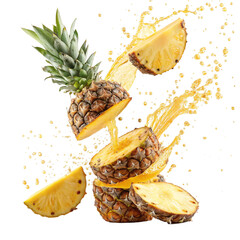 Fresh ripe pineapple, slices cut and pineapple juice splash wave. Healthy food or tropical fruit drink liquid ad label design. Tasty smoothie splash isolated, healthy diet concept on white background
