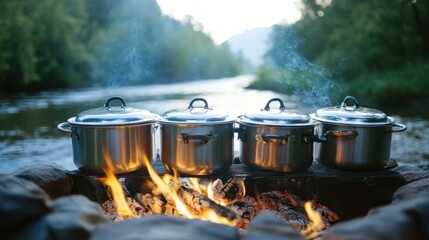Portable campfire pots Sustainable hospitality Spend With Pennies Dispersed camping Wellness retreat Cozymeal Solo Stove TasteAtlas Campsite.bio Three silver cooking lids boiling over flames outdoor 