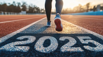 New year resolution 2025 concept. Word start 2025 written on athletics track and athlete woman runner preparing for new year for challenge and change. planning health and the goal to success
