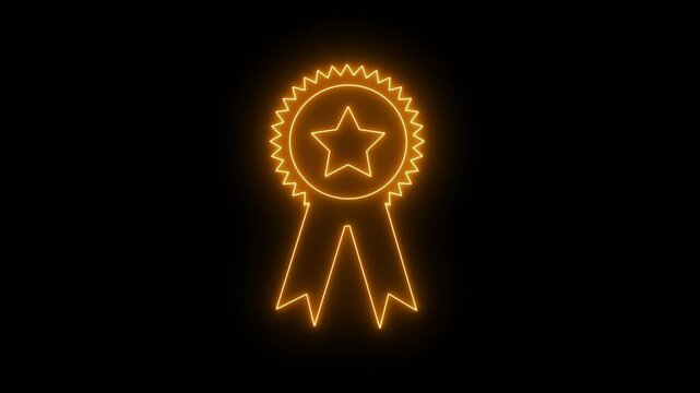 Glowing Golden color neon line Medal with star icon isolated on black background. National award, badge, ribbon, Winner achievement sign. Award medal 4K Video motion graphic animation.