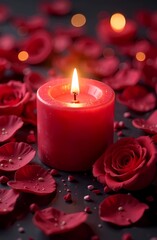 Candles and rose petals on a valentine background