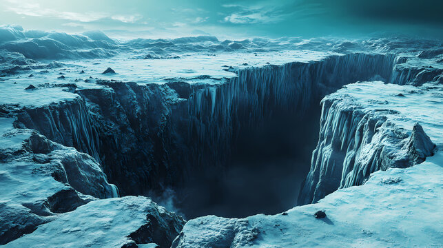Cracked icy expanse with unstable ground and deep crevasse in a frozen landscape. Crevasse. Illustration