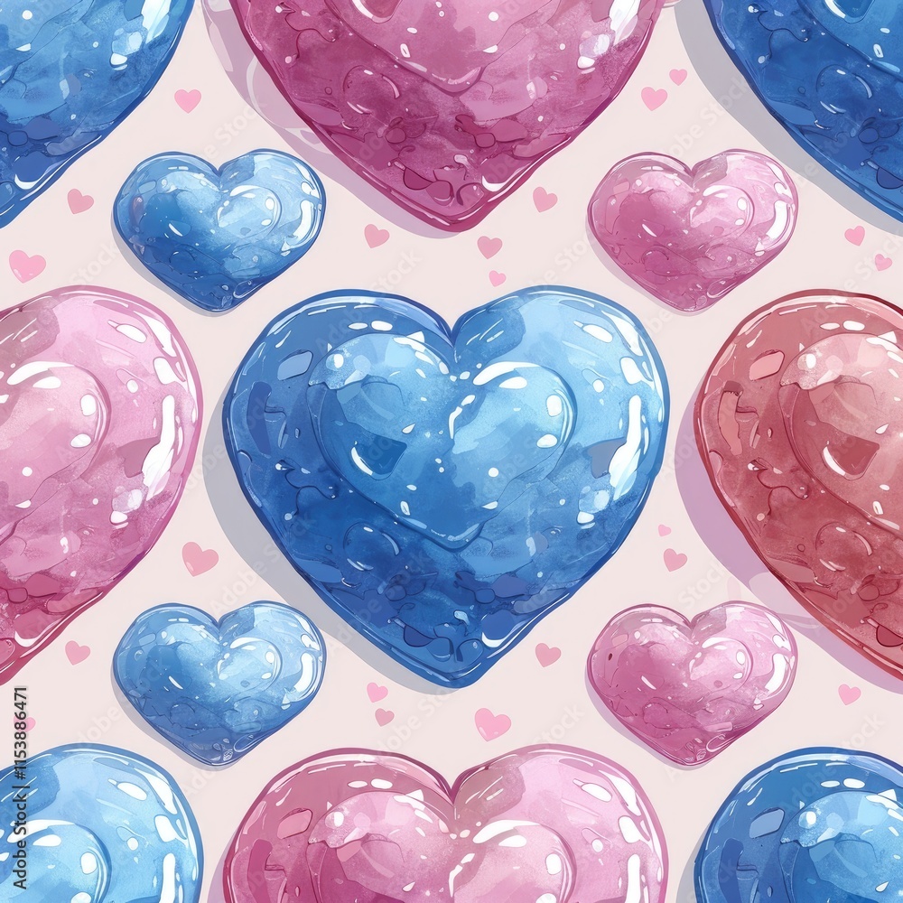 Poster a colorful pattern of glossy hearts in various sizes and shades on a light background.