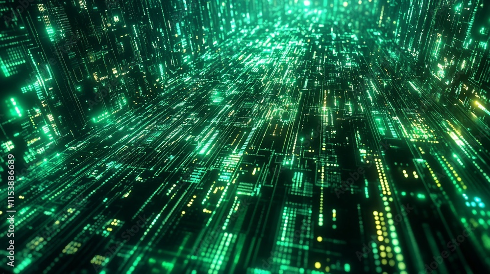 Poster abstract digital landscape with glowing green lines and patterns.