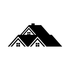 Log cabin in woods icon or logo. Simple wooden cottage vector illustration.