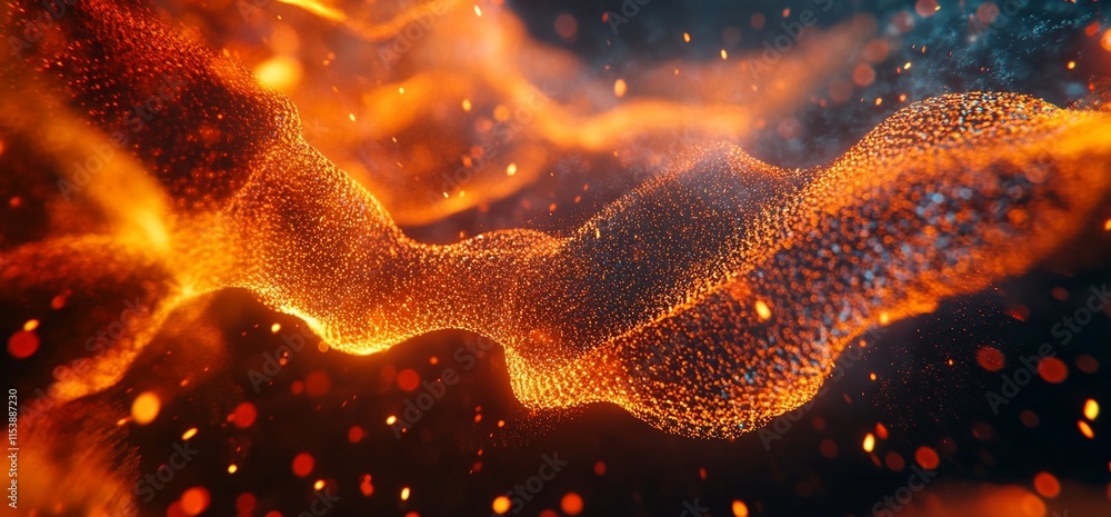 Poster abstract digital representation of flowing particles and waves in vibrant colors.