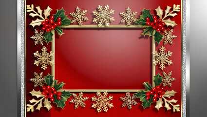 A holiday-themed frame with sparkling decorations, snowflakes, and festive ribbons on a deep red backdrop.
