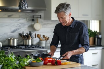 Middle age man preparing food at home. Ai generative art