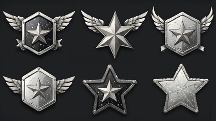 Obraz premium Set of military game rank badges isolated on background. Cartoon illustration of silver metal pentagonal insignia medals with stars, chevrons, wings. Gui progress symbol. Award for achievement