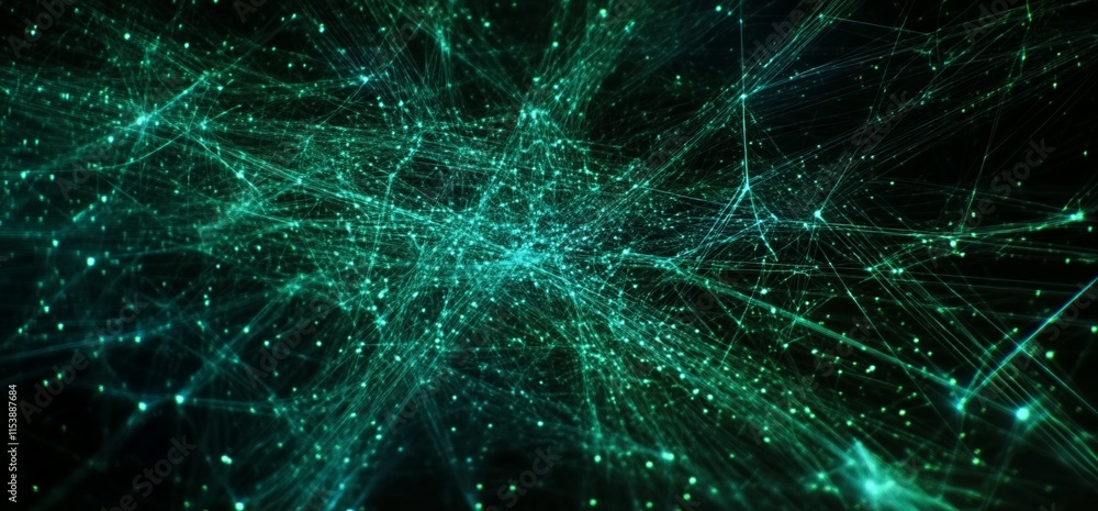 Poster abstract digital network visualization with glowing connections and particles.