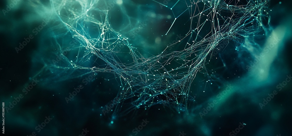 Poster abstract digital representation of interconnected networks and data flow.