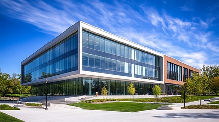 A contemporary university campus showcasing modern architecture and vibrant student life, ideal for educational brochures and website banners.