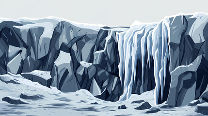 Dramatic melting glacier waterfall cascading over icy cliff against gray sky. Crevasse. Illustration