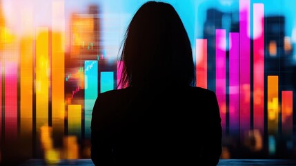 Businesswoman Analyzing Data Trends with Colorful Bar Graphs in Modern City Setting