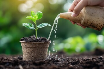 Close-up of a hand watering a small plant in a biodegradable pot, natural and earthy background, high-resolution photo 