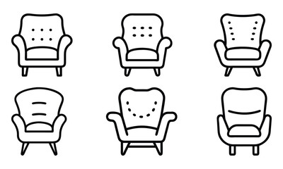 Set of Minimalist Armchair Outline Icons, Collection of six armchair icons in outline style, showcasing various classic and modern designs with tufted and padded details.
