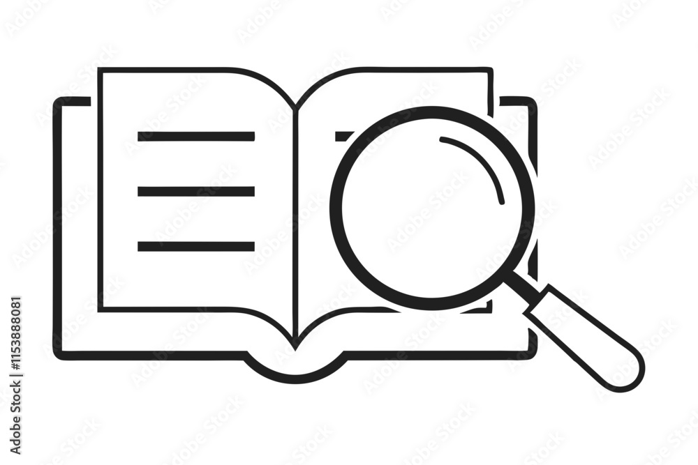 Aufkleber outlined minimal design of magnifying glass over a dictionar with intricate and meaningful elements 