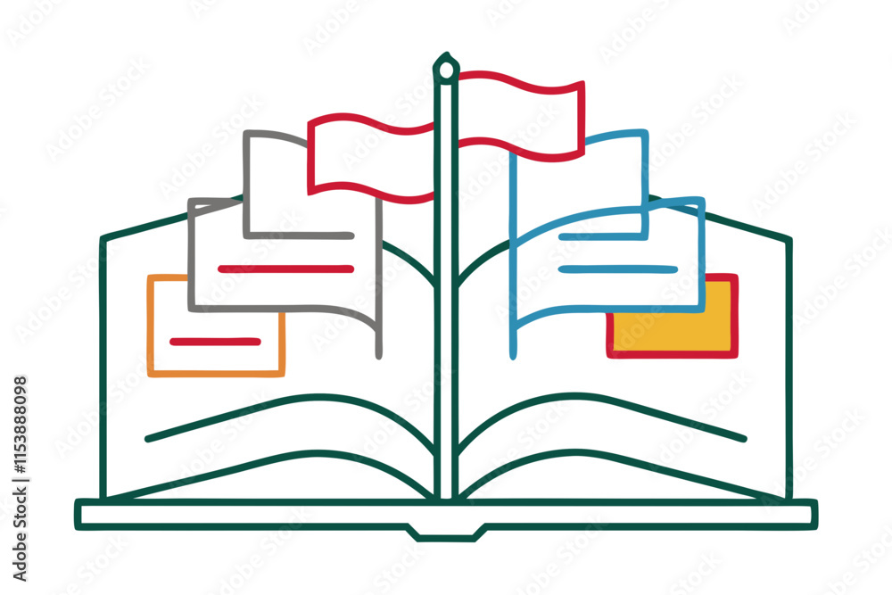 Poster outlined minimal design of multilingual dictionary with flag with intricate and meaningful elements 