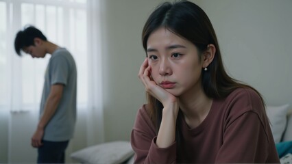 Serious sad woman thinking over a problem, man aside, meeting therapist, poor chance of getting pregnant after 40, unmet expectations, unable to handle family finances, interested in different things