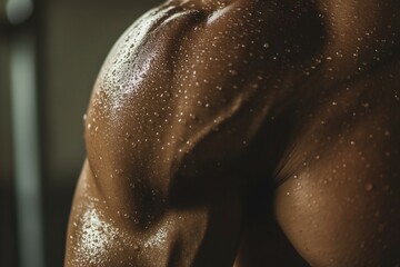 Naklejka premium A muscular man glistens with sweat after working out in the gym, highlighting the human form's strength, dedication, and the beauty of physical fitness.