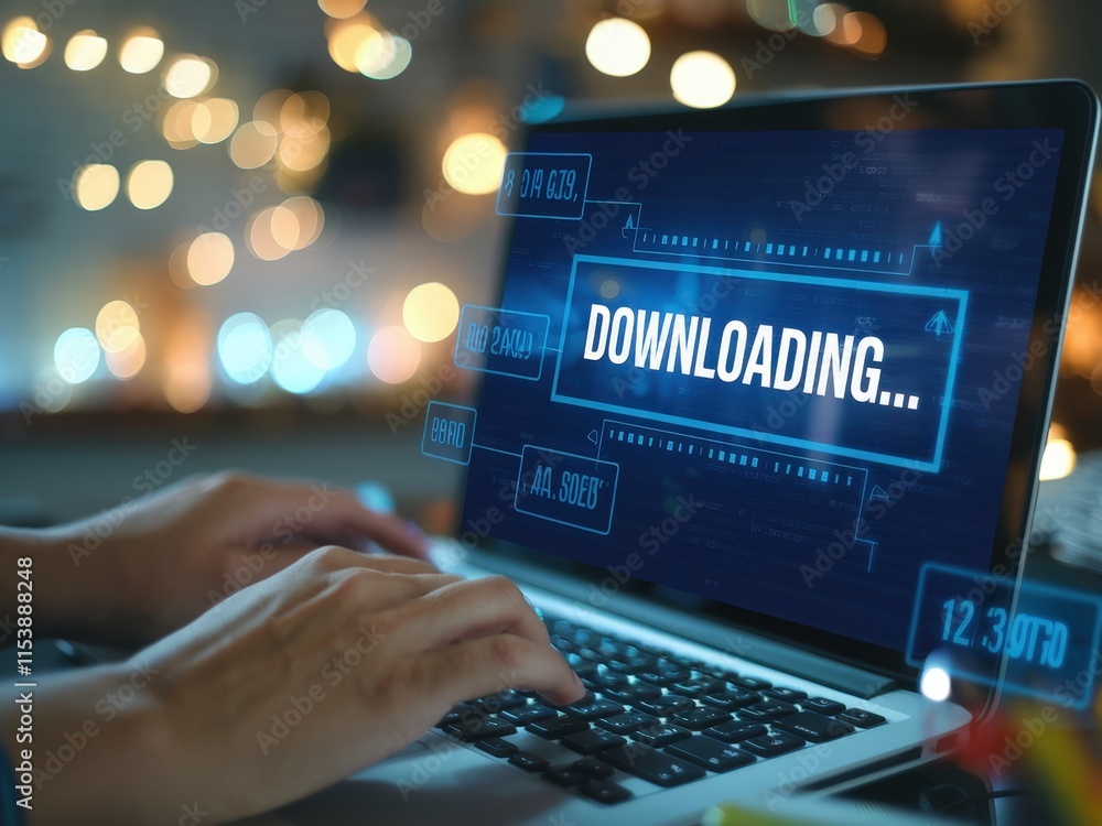 Aufkleber hands typing on a laptop with a downloading progress indicator displayed