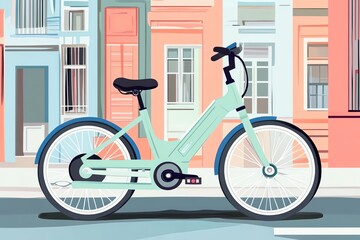 Fototapeta premium Illustration of a pastel bicycle on an urban street with colorful architecture.