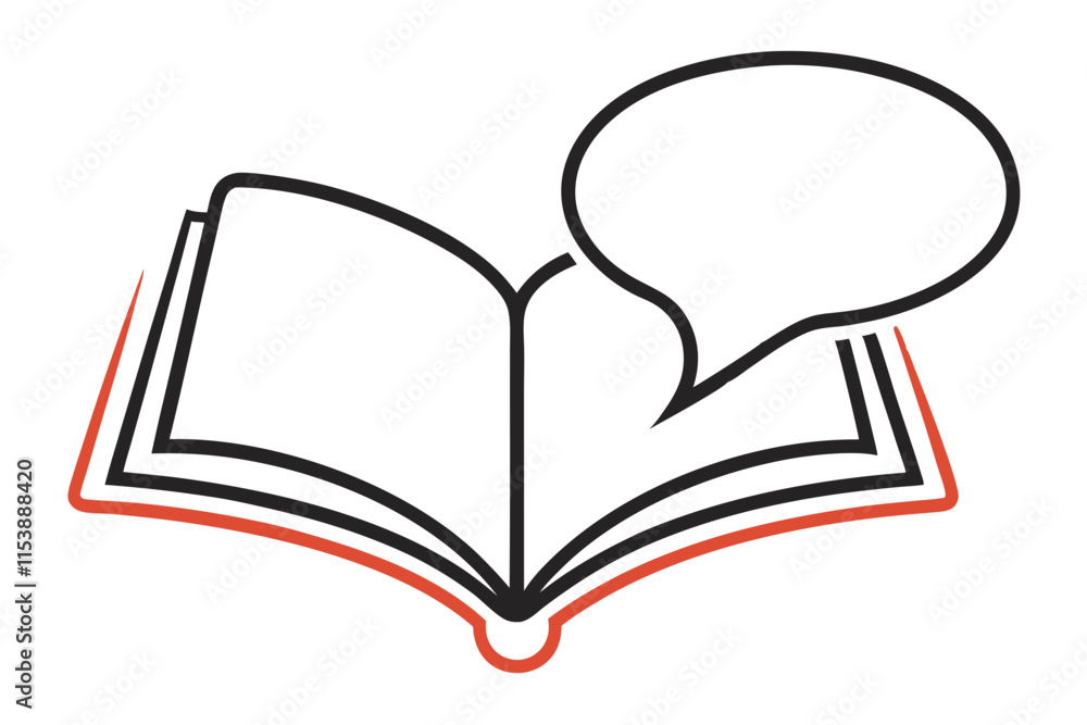 Poster outlined minimal design of book with pages forming a speech with intricate and meaningful elements f