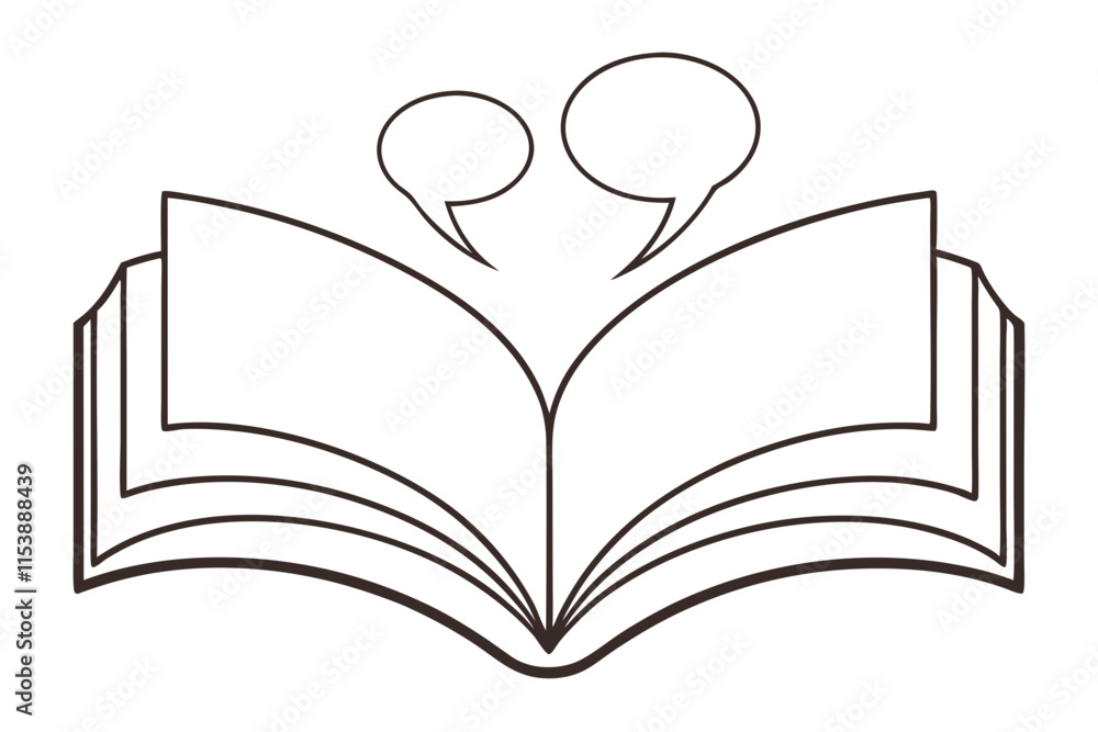 Poster outlined minimal design of book with pages flowing like spee with intricate and meaningful elements 