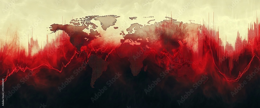 Poster abstract representation of a world map with red and dark tones, suggesting urgency.