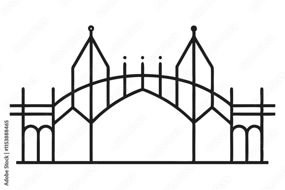 Poster outlined minimal design of bridge with beams shaped like wri with intricate and meaningful elements 